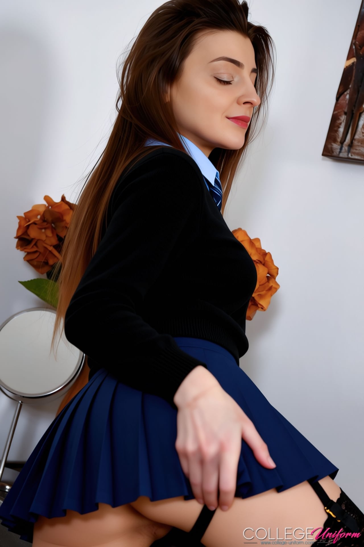 Die Schülerin Melena Maria Zeigt Ihre Muschi, Während Sie In Strümpfen Und High Heels Flirtet